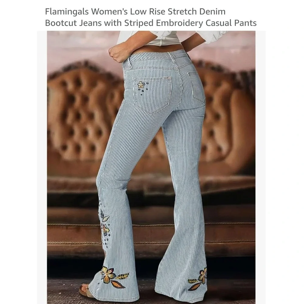 Flamingals Womens Striped Floral Embroidered Flare Jeans Blue White Size L NWT